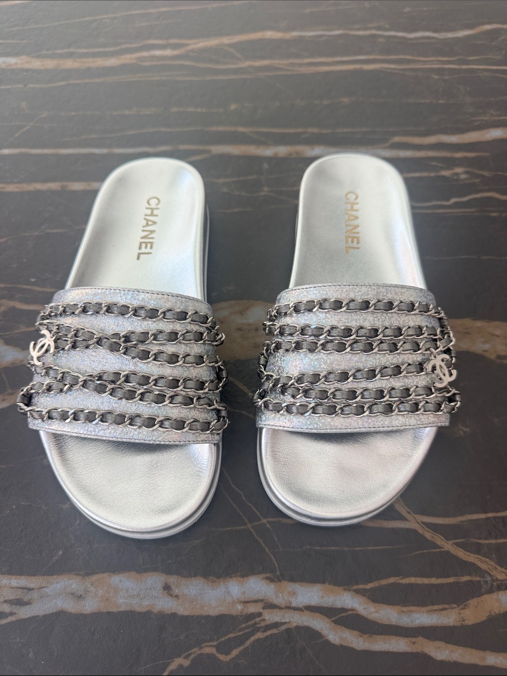 CHANEL Metallic Silver Chain-Trim Slide Sandals